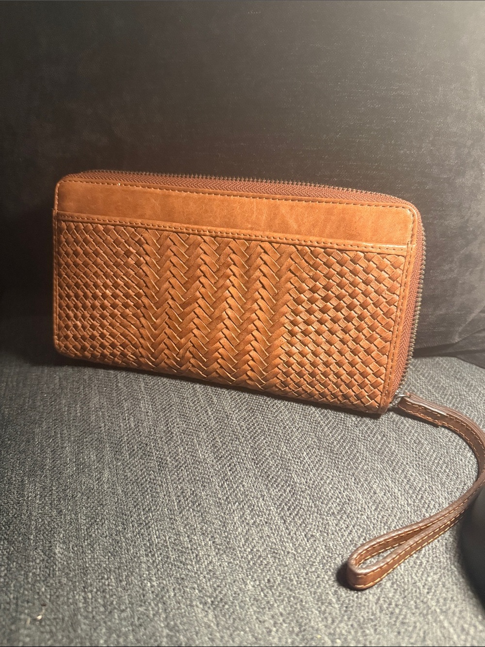 Woven Leather Wristlet Clutch - Tan Pre-owned Good Condition